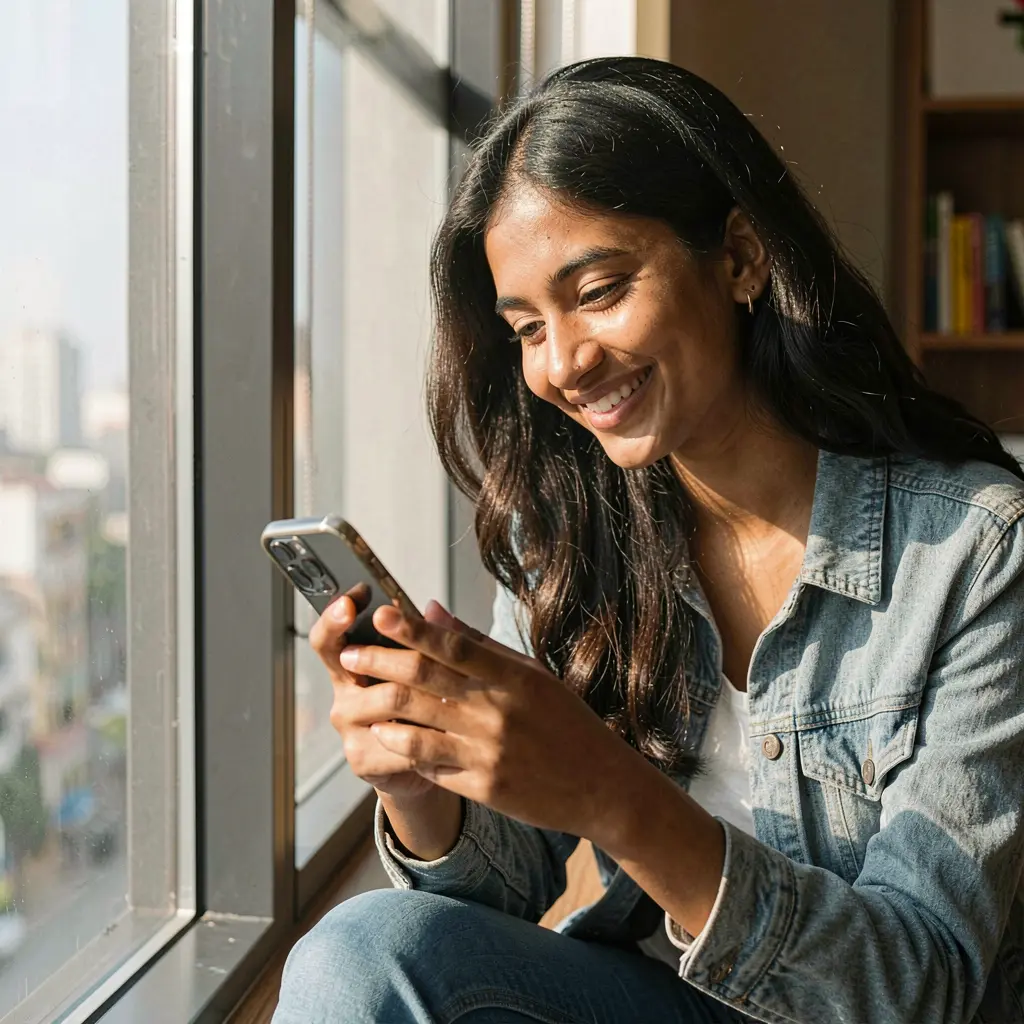 Stylish Bangladeshi woman smiling while using the 950k casino app on her smartphone in a bright modern cafe setting