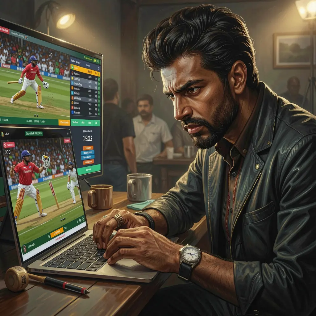 Focused Bangladeshi sports bettor using a laptop with live cricket streaming and the 950k betting interface in a cinematic setting