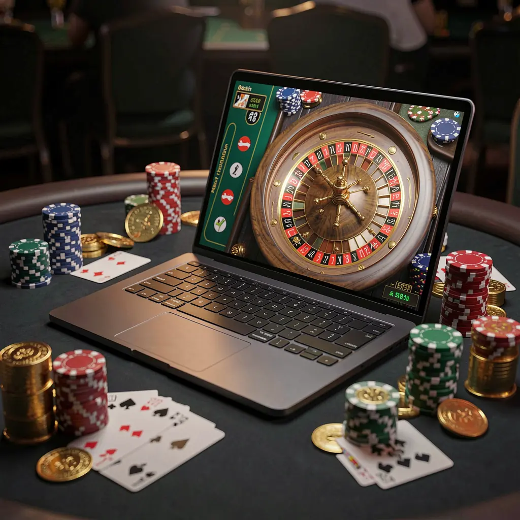 Stylish laptop on a casino table with a live roulette wheel on screen surrounded by poker chips and cards showcasing the premium online casino atmosphere of 950k for players in Bangladesh