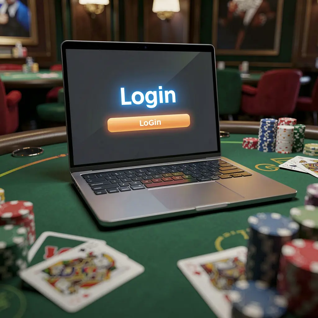 Modern laptop on a luxury casino table with poker chips and cards showing the 950k login screen for secure access in Bangladesh
